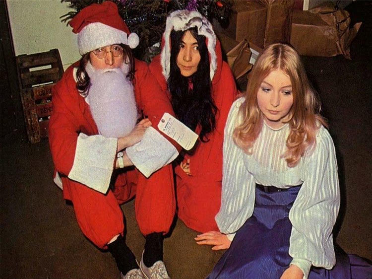 John Lennon, Yoko Ono, and Mary Hopkins at Apple Records' 1968 Christmas party
