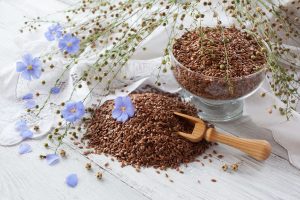 Flax seeds and flowers, healthy food