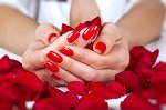 червоний манікюр, пелюстки троянди, жіночі руки, фото