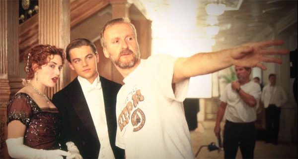 Кейт Уинслет, Леонардо ДиКаприо и Джейм Кэмерон на съемках Титаника